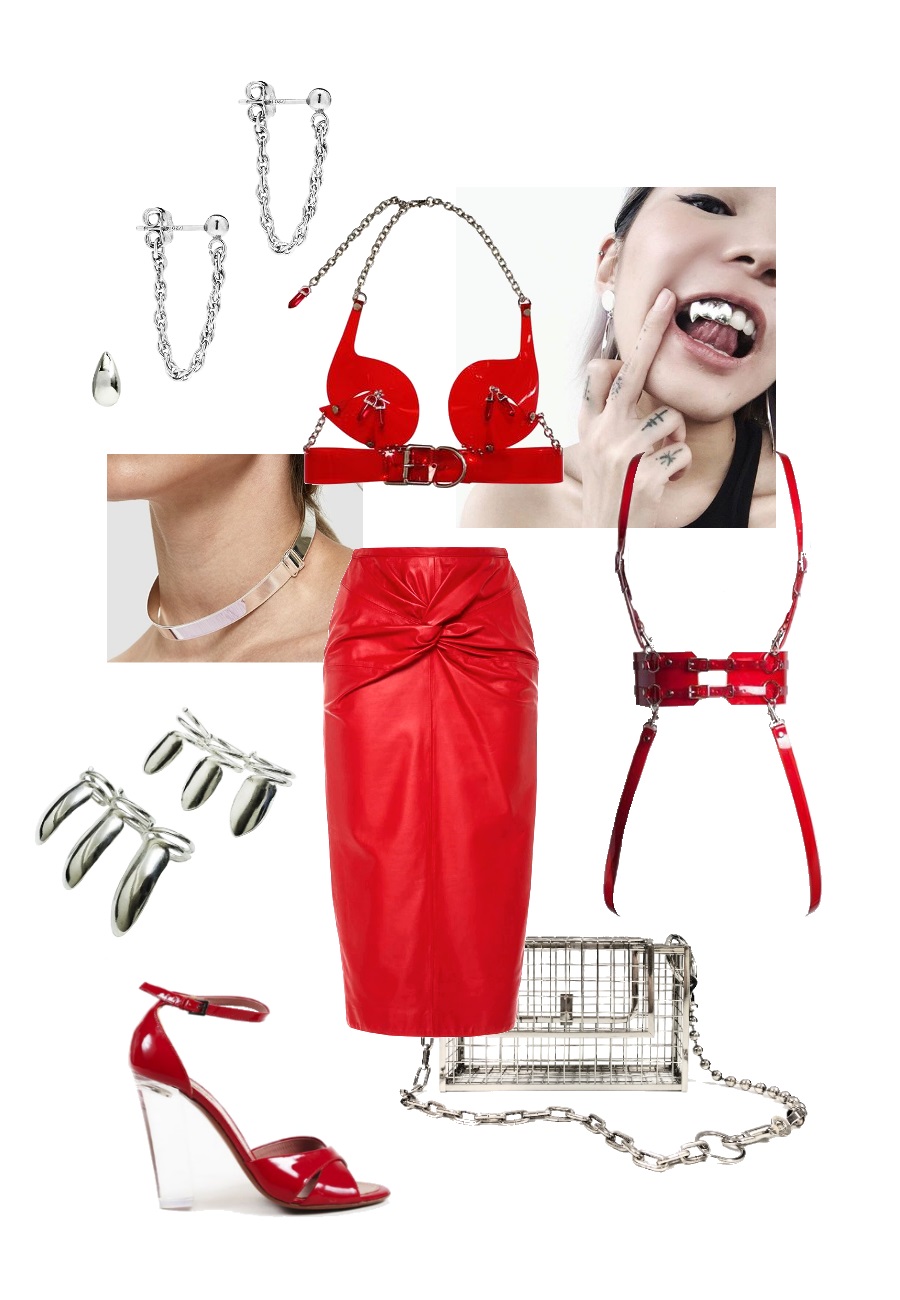 outfit set: modern vampire, red leather skirt with vinyl bra and harness, gleaming cold steel accessories